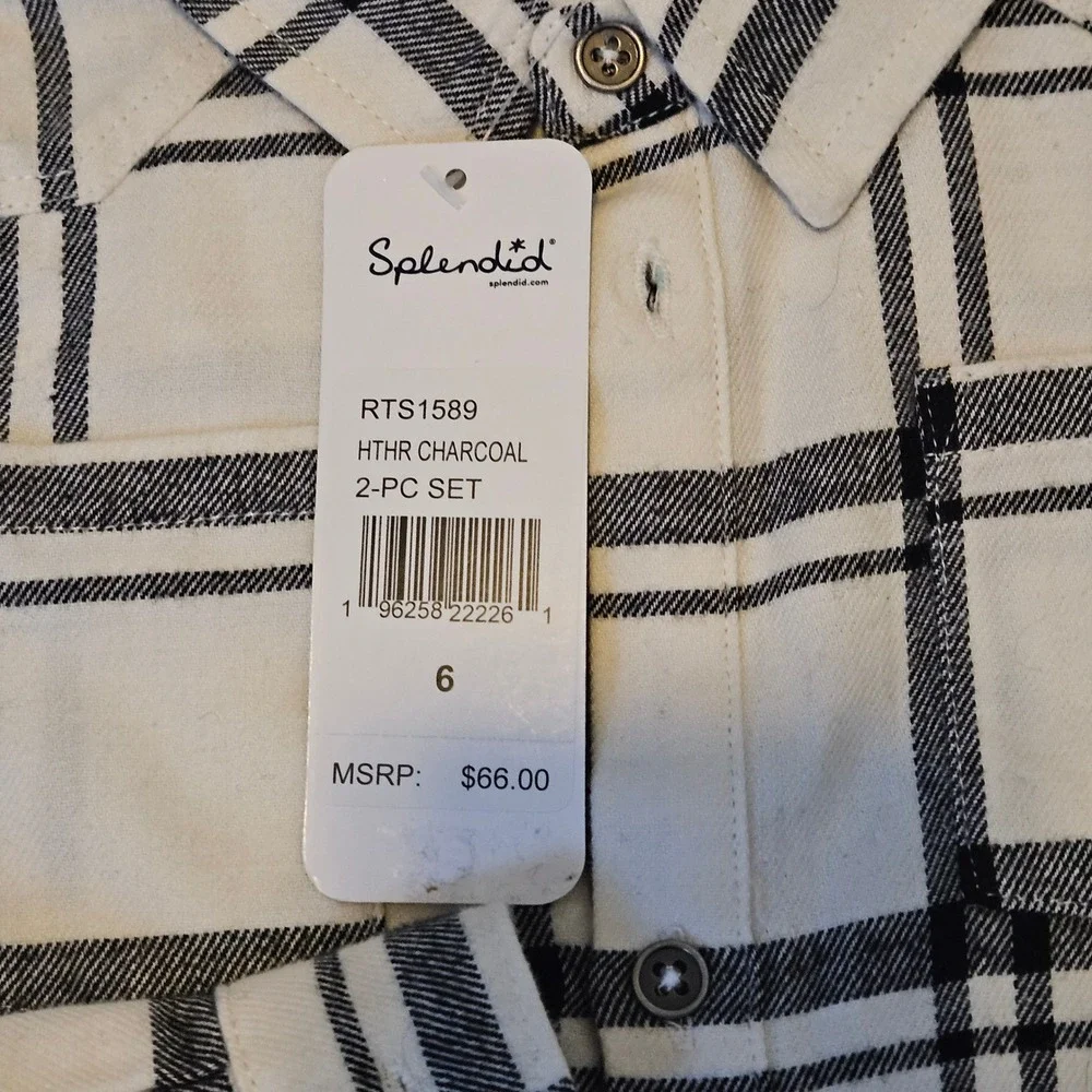 Splendid 2-Piece Flannel Jogger‎ Set Kids Size 6 Charcoal Cream NEW Plaid Shirt